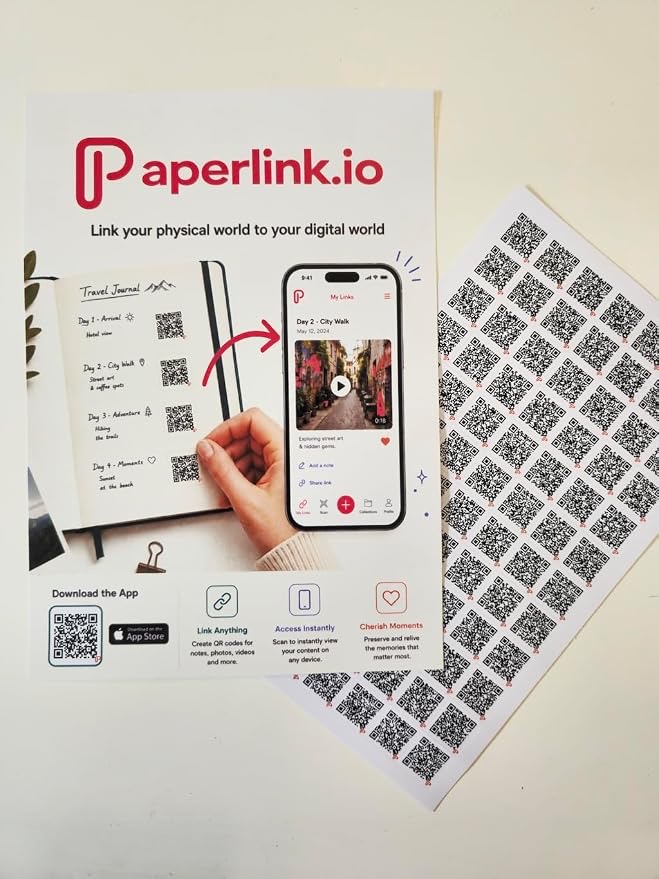 Paperlink QR stickers — journal insert sheet and flyer
