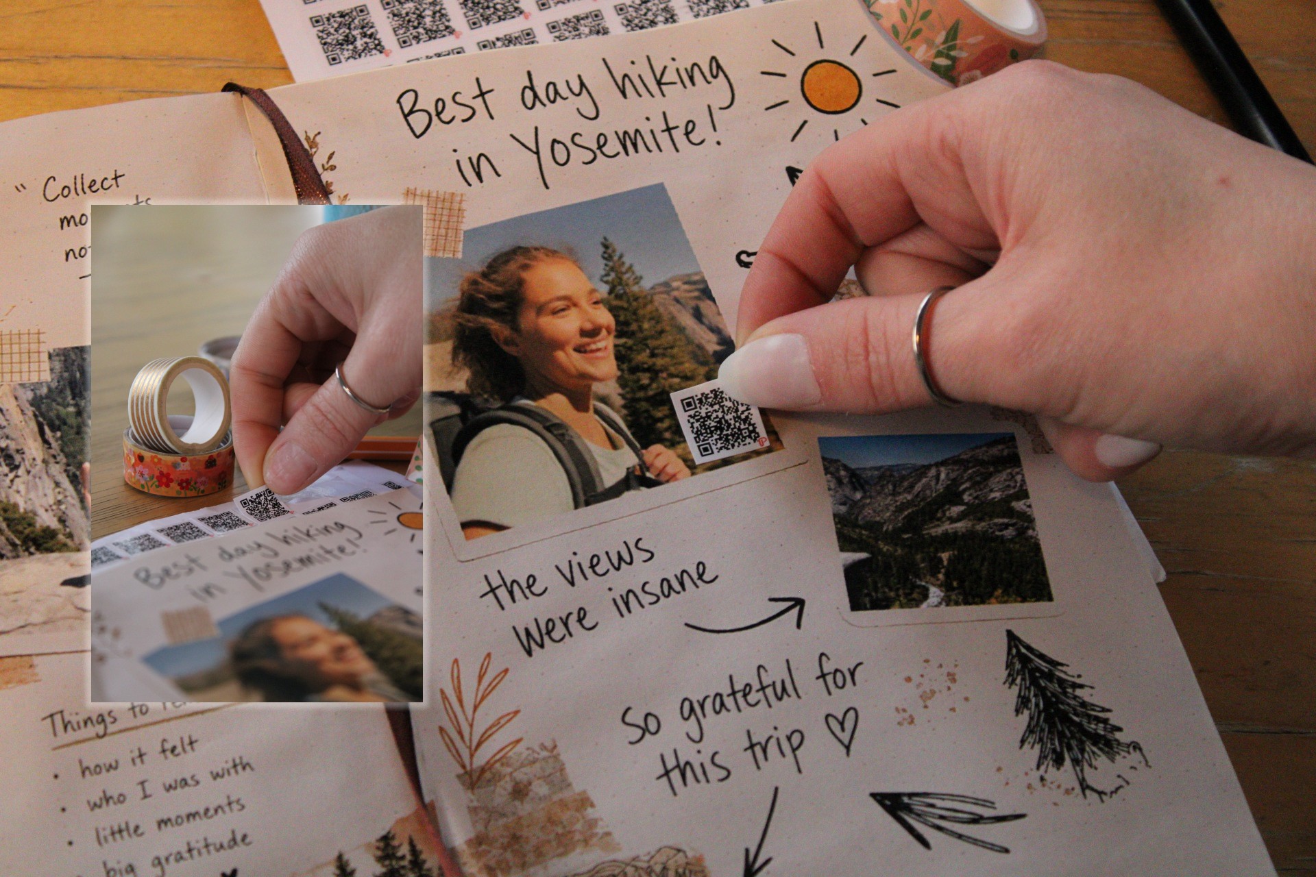 Peeling a Paperlink QR sticker onto a scrapbook page
