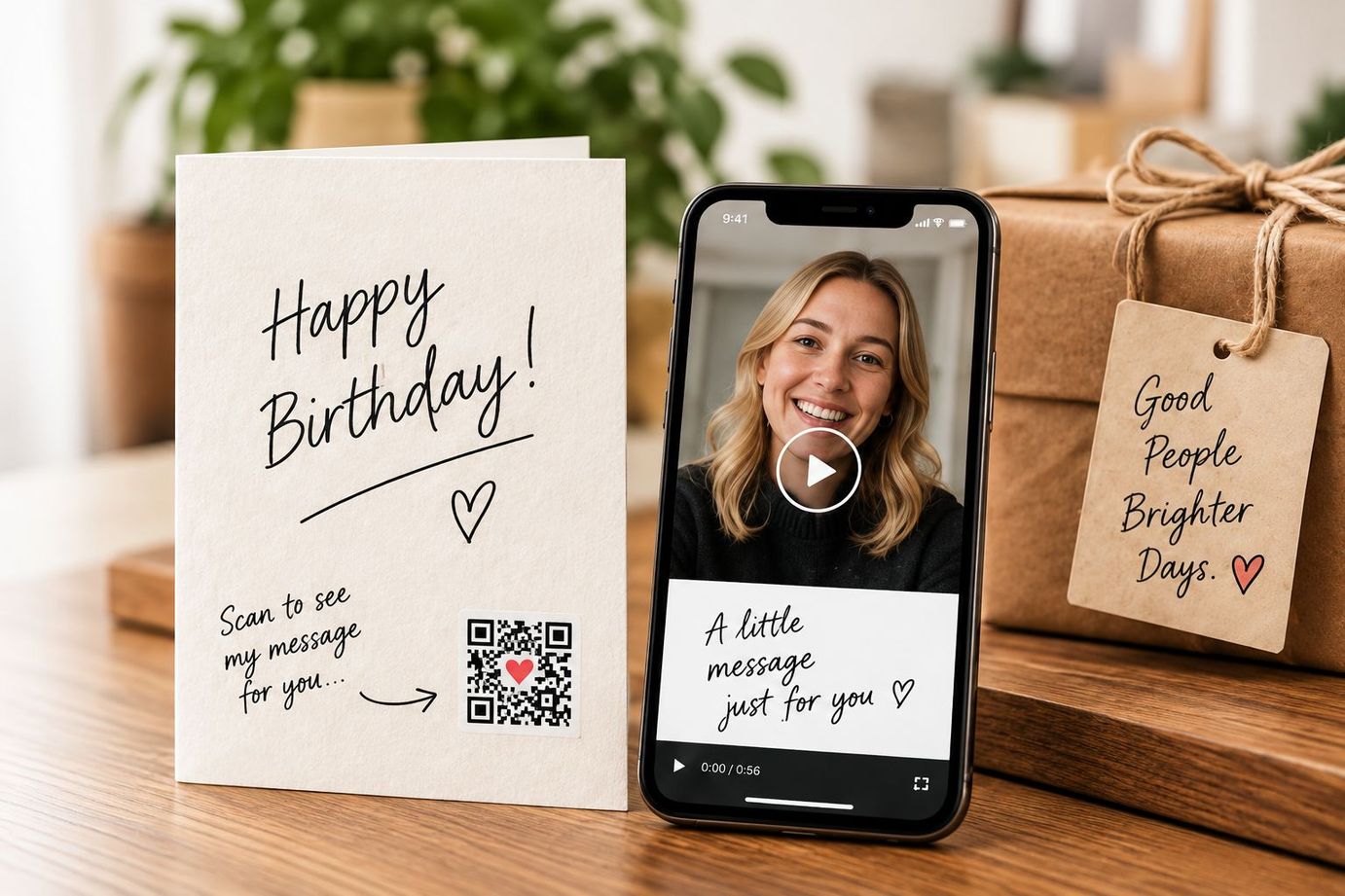 Happy Birthday card with PaperLink QR next to a phone playing a video