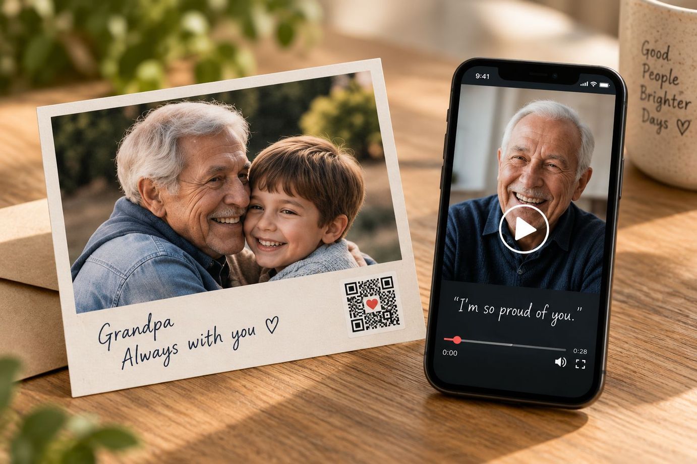 Printed photo of a grandfather and child beside a phone playing his video